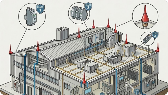 Electrical distribution diagram showing SPD placement across levels