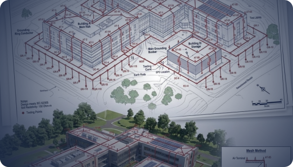 CAD layout showing air terminals, down conductors, and grounding grid